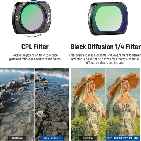 Image showing CPL and Black Diffusion 1/4 filters with before and after effects on photos. Part of 0.75x Wide Angle Lens With 108 Degree Field Of View And ND2 32 CPL Diffusion Filter Set For Osmo Pocket 3 And Pocket 4 And Xtra Muse Accessories Helps You Nail Balanced Exposure And Cinematic Shots On The Go.