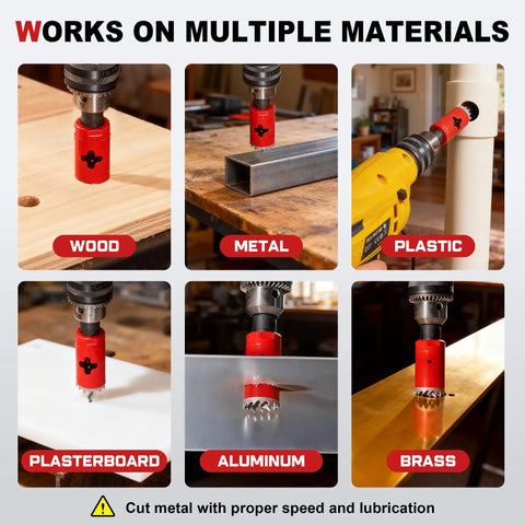Bi Metal Hole Saw Kit For Metal And Wood, 16 Piece Deep Cut 48 Millimeter Set With Arbors In Solid Case used on various materials