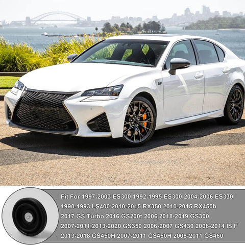 White Lexus sedan parked by waterfront with list of compatible models including ES300, GS Turbo, and RX450h