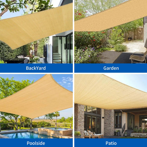 10x13 Ft Beige Sun Shade Sail Rectangle UV Block Canopy installed in backyard, garden, poolside, and patio.