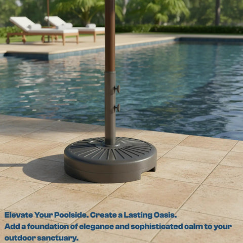 Heavy Duty Water Filled Umbrella Base Stand by pool, 81.5 Lb max capacity with dual knob locking system for stability on patio