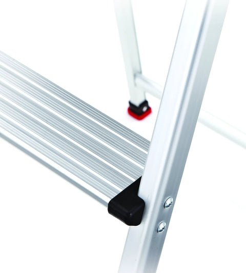 Three Step Aluminum Step Ladder With Built In Project Tray, 225 Pound Capacity, Lightweight Yet Durable, Auto Lock Safety, Grab And Go Ready To Use Right Out Of The Box, Portable Home Or Garage Ladder For Tasks close-up of aluminum steps and safety feet