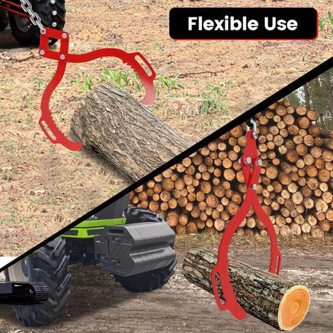 Red 28-inch log tongs with dual serrated claws for heavy log grappling