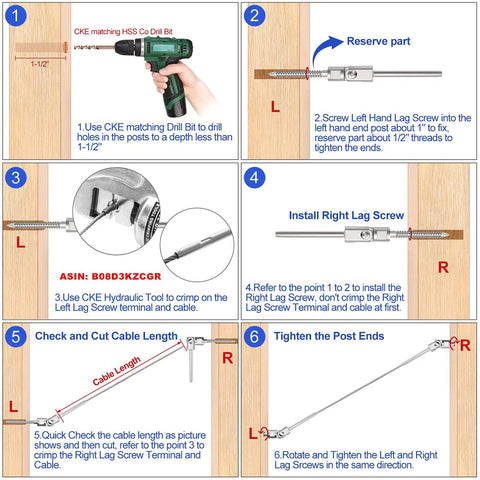 Installation guide with steps for Upgraded 40 Pack T316 Stainless Steel 180 Degree Adjustable Swage Lag Screws Left And Right