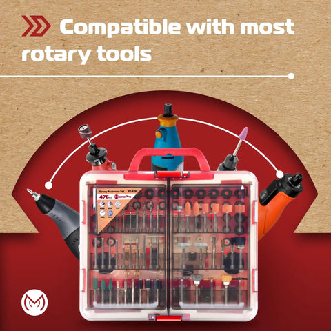 476 Piece Rotary Tool Accessories Kit With 1/8 Inch Shank All In One Set in portable storage case, open with tools displayed