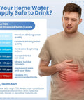 Man with stomach discomfort next to TDS level chart for water quality assessment. Health alert for high TDS impact.