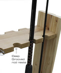 Double Sided Fishing Rod Holder That Stores Up To 16 Rods For Saltwater And Freshwater Gear Perfect Garage Organization And Room Storage For Fishing Rods Tackle Gear And Accessories showing close-up of rod rests on handcrafted pine frame.