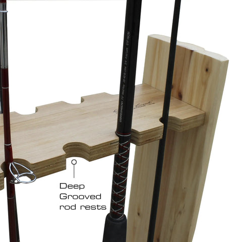 Double Sided Fishing Rod Holder That Stores Up To 16 Rods For Saltwater And Freshwater Gear Perfect Garage Organization And Room Storage For Fishing Rods Tackle Gear And Accessories showing close-up of rod rests on handcrafted pine frame.