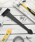 Two Pack 15 Inch Heavy Duty T Shape Strap Hinges With Screws Black Wrought Iron Spade Tip shown with tools on wood surface