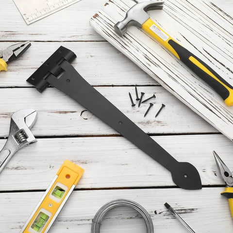 Two Pack 15 Inch Heavy Duty T Shape Strap Hinges With Screws Black Wrought Iron Spade Tip shown with tools on wood surface