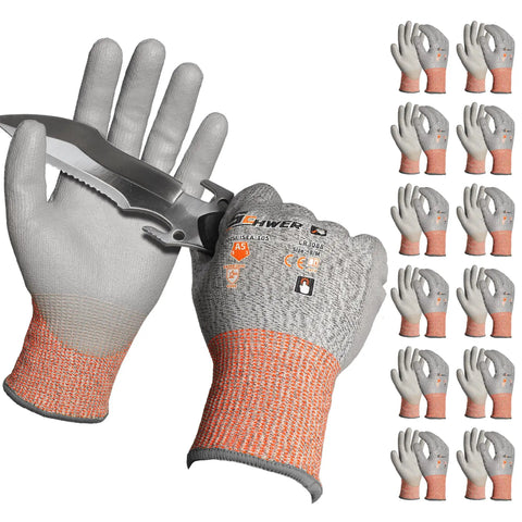 Twelve Pairs ANSI A5 Cut Resistant Work Gloves With PU Coating For Metal Fabrication Woodworking And Construction Non Slip Grip Durable Medium Size Ideal For Heavy Duty Projects And Daily Tasks