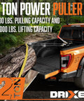 Heavy Duty Come Along Winch 2 Ton Hand Puller towing a log with 10ft cable on orange truck, dual gear ratchet system visible