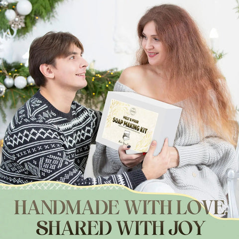 All In One Soap Making Kit For Adults And Teens With Shea Butter Glycerin Melt And Pour Bases held by smiling couple in cozy sweaters.
