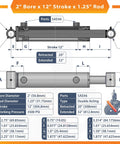 Diagram of Two By Twelve Hydraulic Cylinder With 2 Inch Bore And 12 Inch Stroke Double Acting Welded Cross Tube SAE6 Ports 3500 PSI Rated