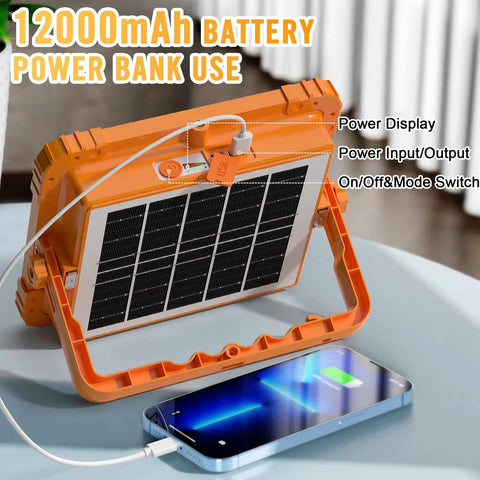 Heavy Duty Solar LED Work Light With 10000 Lumen Brightness, 466 LED Beads, Magnetic Mount, 5 Modes White Yellow Neutral Dim Red Flash, 12000mAh Rechargeable Battery, IP66 Waterproof Portable Outdoor Light For Emergency Camping And Repairs showing power bank feature.