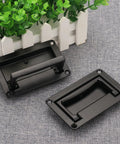 Six Pack Zinc Alloy Recessed Pull Handle 4.4 By 2.7 Inches Flush Lift Door Handle With Spring Mechanism, Black, on gray fabric