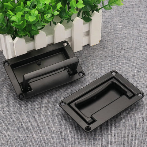 Six Pack Zinc Alloy Recessed Pull Handle 4.4 By 2.7 Inches Flush Lift Door Handle With Spring Mechanism, Black, on gray fabric