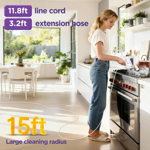 Portable Handheld Steam Cleaner And Detail Steamer For Cars And Tile Floors in a kitchen, featuring 15ft reach with extension hose.