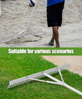 Aluminum Maintenance Rake with Adjustable 66 to 98 Inch Handle in use on sand and grass for landscape and yard care