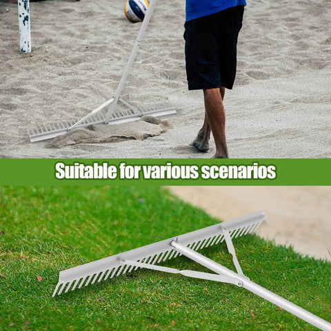 Aluminum Maintenance Rake with Adjustable 66 to 98 Inch Handle in use on sand and grass for landscape and yard care