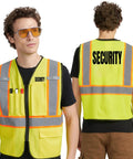 Level Up Your Road Ready Look With This Dope Yellow Hi Viz Safety Vest Featuring Bold Retro Reflective Stripes And Comfortable Unisex Fit For Day Or Night Shifts, worn by man with sunglasses.