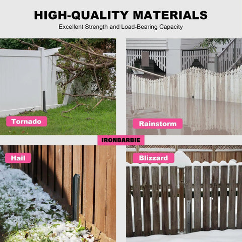 Beefy Heavy Duty Fence Post Repair Kit shown in various weather conditions, installed on wooden fences. High-quality materials displayed.