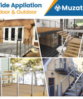 Top Shelf Heavy Duty Six Foot Six Inch Brushed Stainless Steel Flat Handrail For Cable Railing Systems shown in various indoor and outdoor settings.