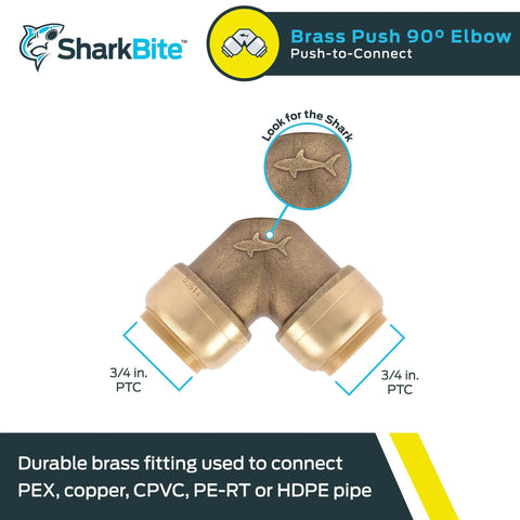 Three Quarter Inch 90 Degree Brass Push To Connect Elbow Plumbing Fitting For PEX Copper CPVC PERT HDPE Pipe Quick Install