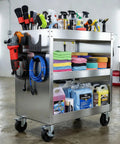 Metal tool cart filled with car cleaning supplies and tools, including 4 Pack Angle Grinder Holders Wall Mount Rack With Cord Hanger For 5 Inch Grinders Heavy Duty Garage Tool Organizer Stand Ideal For Impact Wrench Screwdriver And Hand Sander Storage
