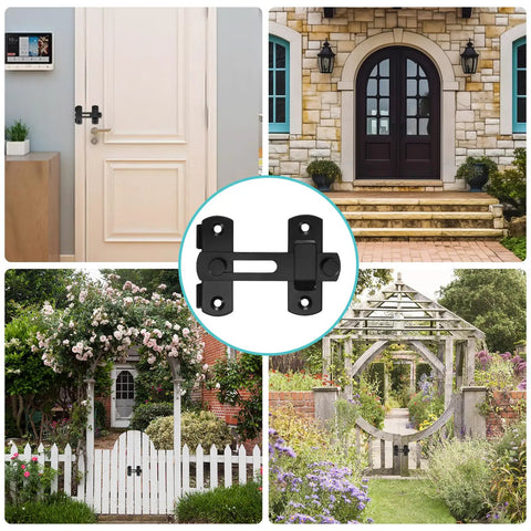 Four Pack Black Stainless Steel Sliding Barn Door Latches Featuring A 180 Degree Flip Bolt Setup And Hella Smooth Corrosion Resistant Coating For Super Solid Everyday Security That Keeps Your Home Locked And Loaded Always, shown on various doors.