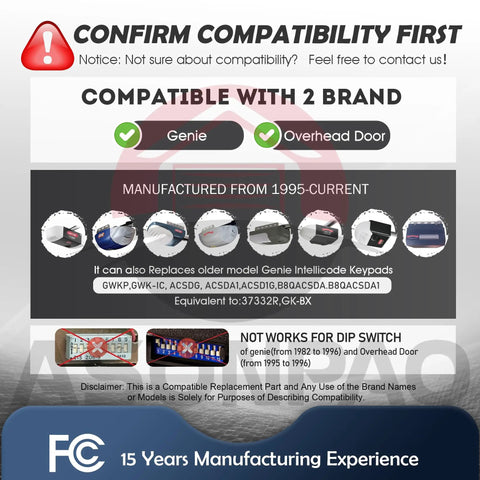 Compatibility chart for Universal Wireless Genie Garage Door Opener Keypad Replacement for Intellicode Genies 1995 to Present