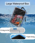 Large Waterproof Dry Box For Kayaking And Boating, clear watertight storage container floating with foam lining and O-ring seal.