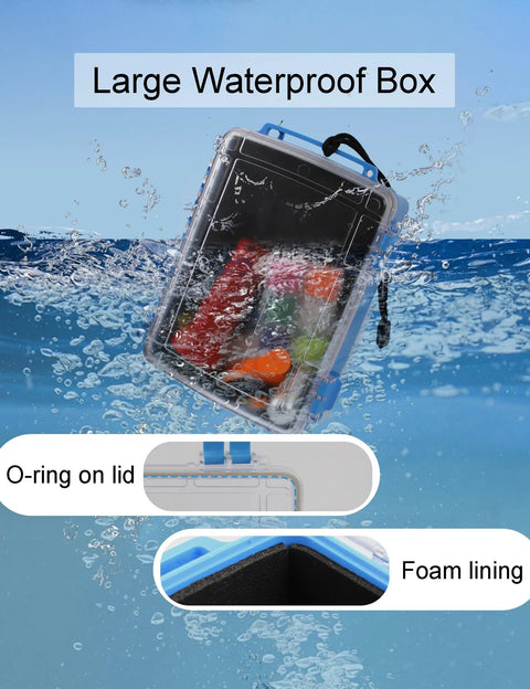 Large Waterproof Dry Box For Kayaking And Boating, clear watertight storage container floating with foam lining and O-ring seal.