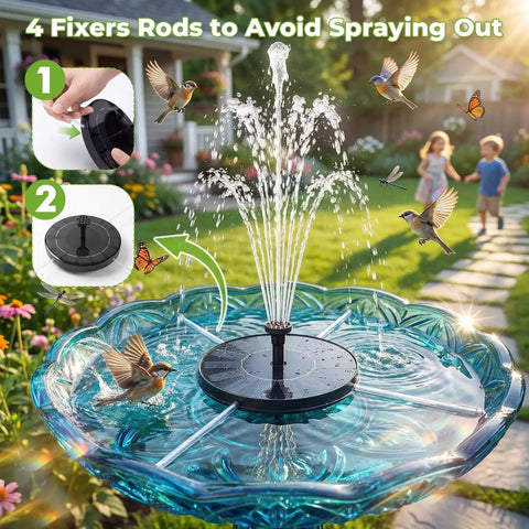 Solar Bird Bath Fountain With Six Nozzles Floating Water Pump Powered By Sun showcasing water spray in garden setting.