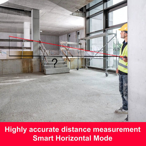 Disto D2R Laser Distance Meter With 490 Ft Range Bluetooth 4.2 NFC Data Transfer To Disto Plan App Smart Horizontal Add Subtract Volume 30 Memory 4 Line Display Intelligent End Piece IP54 Indoor Use Go To Workhorse used on a construction site