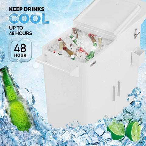 Patio Cooler With Storage Cabinet And Bottle Opener Ice Chest For Outdoor Parties And Poolside Gatherings Keeps Drinks Cold And Fresh Holds Up To 80 Quarts With Drainage And Extra Space For Tools And Snacks, filled with ice and beverages