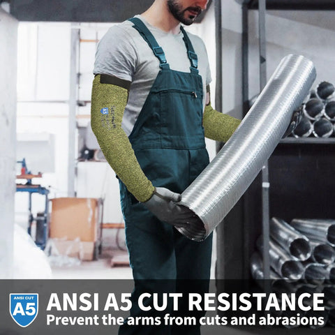 Worker wearing Core Arm Protection Sleeves S081 handling metal tube, showing ANSI A5 cut resistance and thumbhole design.