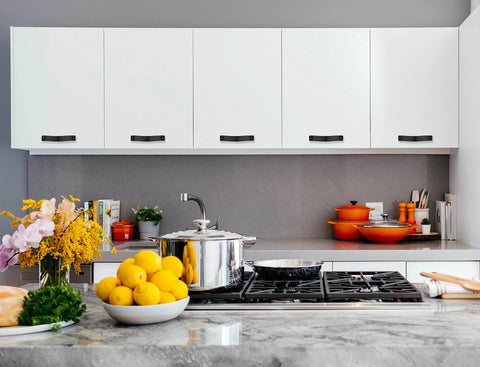 Kitchen with white cabinets featuring Black Leather Drawer Pulls Set Of 2 Six And A Half Inch Length By One Inch Width