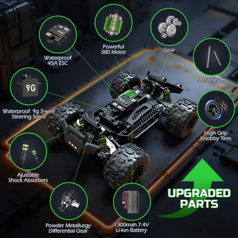One Eighteen Scale All Terrain 4x4 RC Monster Truck Cranks 36 KPH With Serious Off Road Power showing upgraded parts guide