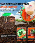 Hand Push Seeder With Visible Seed Hopper Equidistant 10 Stainless Steel Duckbill Seed Dispenser showing seeding depth options