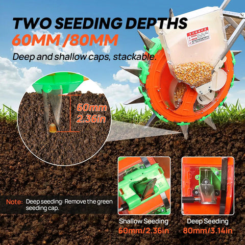 Hand Push Seeder With Visible Seed Hopper Equidistant 10 Stainless Steel Duckbill Seed Dispenser showing seeding depth options