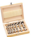 Professional 7 Piece Forstner Bit Set Delivers Dead On Accuracy And Sweet Clean Cuts In Thin Veneer Or End Grain in wooden box.