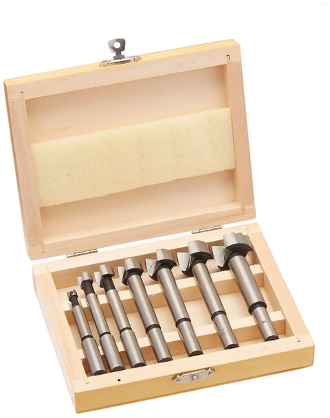 Professional 7 Piece Forstner Bit Set Delivers Dead On Accuracy And Sweet Clean Cuts In Thin Veneer Or End Grain in wooden box.