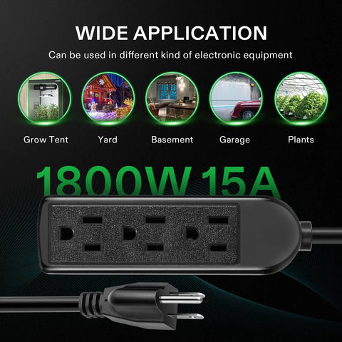 25 Ft Beefy Heavy Duty Extension Cord With 3 Outlet Power Strip 1800W Surge Protection 15A 14 AWG shown with applications for garden, garage, and home office