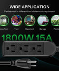 Diagram showing 50 Ft Beefy Heavy Duty Extension Cord With 3 Outlet Power Strip And 1800W Surge Protection 15A 14 AWG plug.