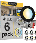6 Pack 4 Inch Ultra Thin Black LED Recessed Lights With 5 Color Temperatures 2700K 3000K 3500K 4000K 5000K, 630LM, 9W boxed set