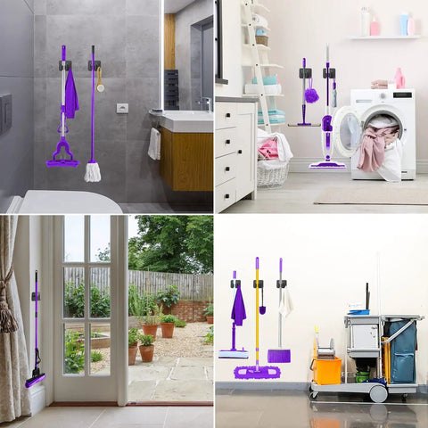 Stainless Steel Broom Holder With Four Grippers And Four Hooks Heavy Duty Wall Mount Organizer For Mop Broom Tools Rust Resistant SUS304 Black Finish For Home Garage Kitchen