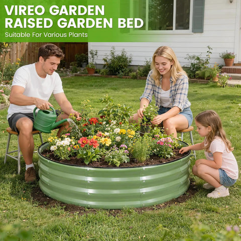 Olive Green Two Pack Galvanized Raised Garden Beds 4x4x1ft Round Design With Safety Rubber Strip Durable Metal Planters outdoor use