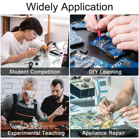 Collage of students and professionals using a Pocket Sized Handheld Oscilloscope Kit With 2.4 Inch Color Screen for electronics debugging.
