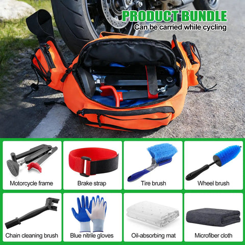 7 Piece Motorcycle Cleaning Kit with Portable Lift Jack for Chain Maintenance and Wheel Cleaning, items displayed on street